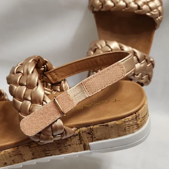 Tahari Gold Open Toe Rope Velcro Closure Cork Heel Summer sandals (girls size 3)